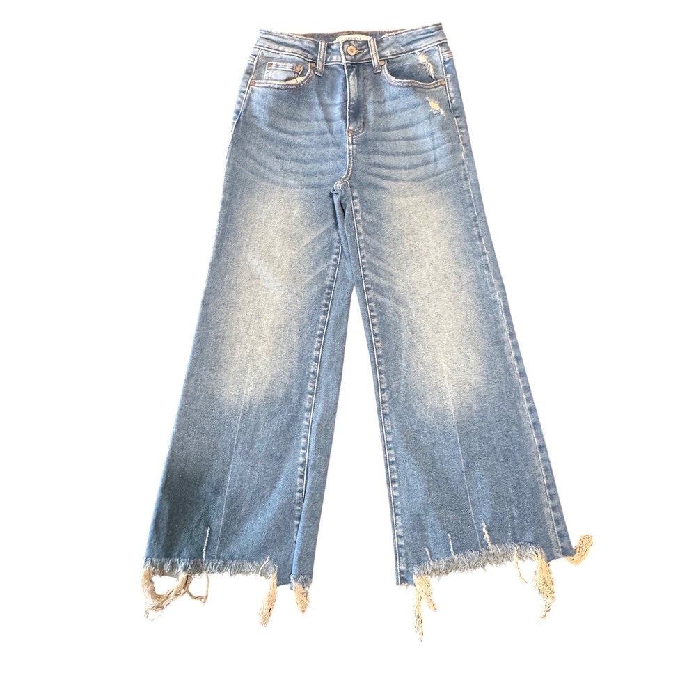 Zenana Wide Leg Jeans Womens 26 Distressed Frayed Hem Blue Cotton Stretch Denim